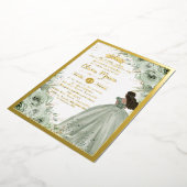 おしゃれなセージグリーンの花柄ブラウンのプリンセスのキンセアニエラ 箔招待状 (回転した状態)