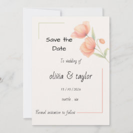 おしゃれなソフトセージグリーンとピーチのフラワーモチーフのSave The Date セーブザデート