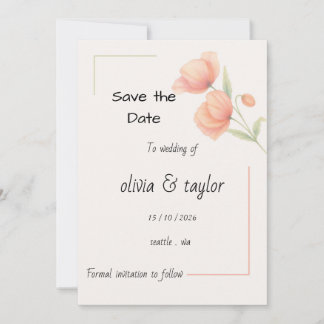 おしゃれなソフトセージグリーンとピーチのフラワーモチーフのSave The Date セーブザデート