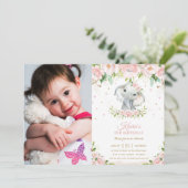 おしゃれなゾウのブッシュピンクの花 1歳の誕生日写真 招待状 (スタンド正面)