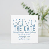 おしゃれなタイポグラフィーでSave the Dateを告知、青 招待状 (スタンド正面)