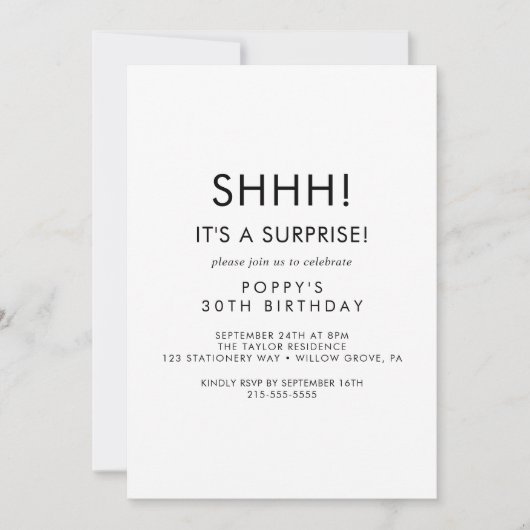 おしゃれなタイポグラフィーサプライズパーティー招待状 招待状 (正面)