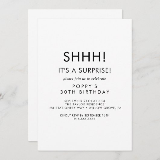 おしゃれなタイポグラフィーサプライズパーティー招待状 招待状 (正面/裏面)