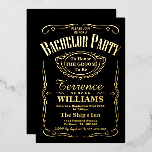 おしゃれなタイポグラフィー独身最後の宴会 本物 箔招待状 (正面/裏面)