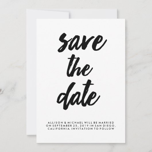 おしゃれなタイポグラフィー 黒と白の Save the Date 招待状 (正面)