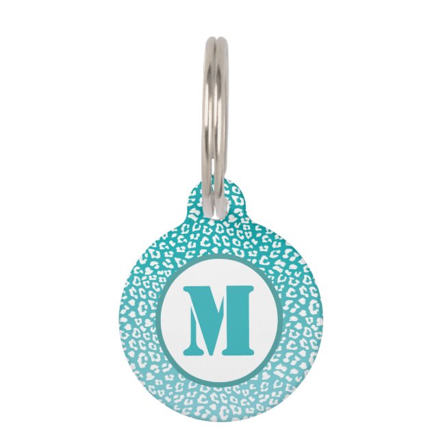 おしゃれなターコイズの白い豹の斑点のモノグラム ペット　ネームタグ (正面)