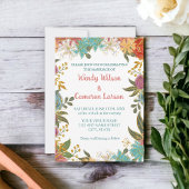 おしゃれなターコイズグリーンとサビ色の花のデザインの結婚前お披露目招待状 招待状
