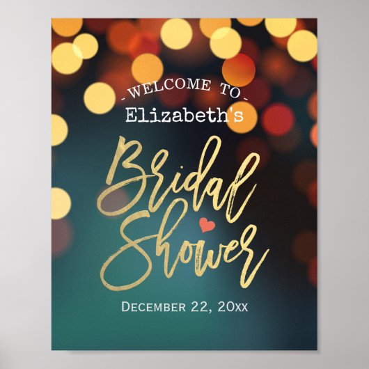 おしゃれなターコイズゴールドのボケライト ブライダルシャワーのおもてなし ポスター (正面)