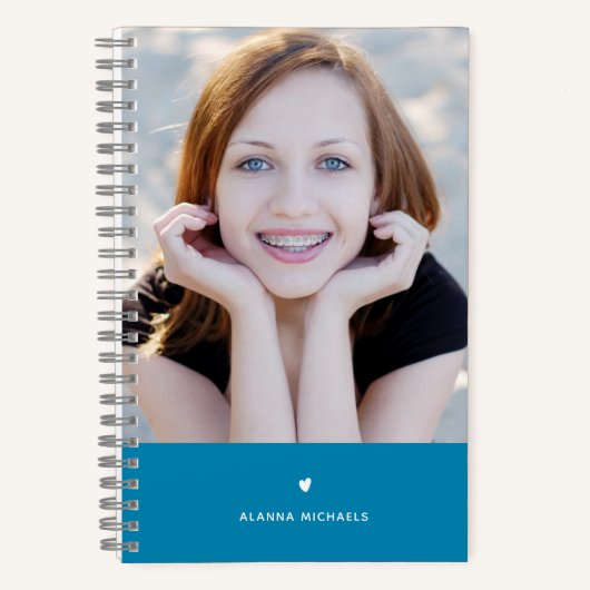 おしゃれなターコイズハートと名前付き写真 ノートブック (正面)