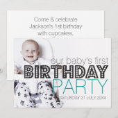 おしゃれなターコイズブルーのベビー誕生日パーティー招待状 招待状 (正面/裏面)