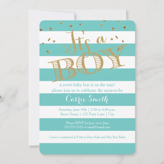おしゃれなターコイズブルーのラグビーストライプ男の子ベビーシャワー招待状 招待状 (正面)