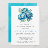 おしゃれなターコイズブルーの芍薬の花のウェディングシャワー 招待状 (正面/裏面)