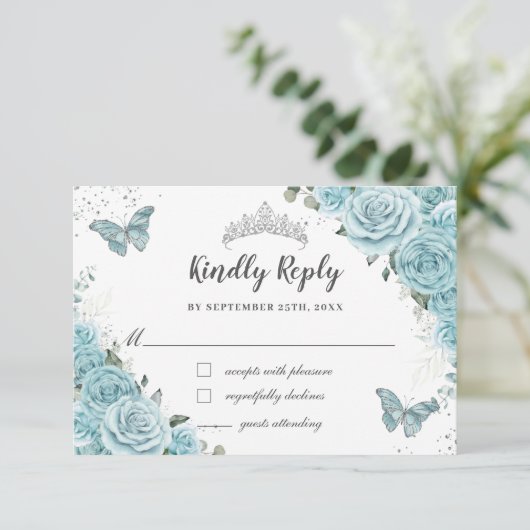 おしゃれなターコイズブルーの花のクイーンズ15歳誕生日蝶 出欠カード (スタンド正面)