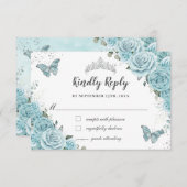 おしゃれなターコイズブルーの花のクイーンズ15歳誕生日蝶 出欠カード (正面/裏面)