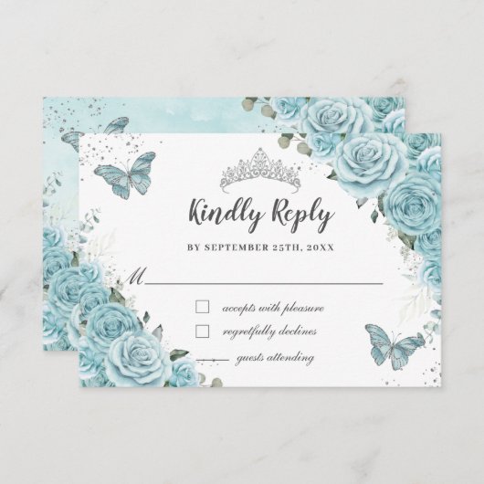 おしゃれなターコイズブルーの花のクイーンズ15歳誕生日蝶 出欠カード (正面/裏面)