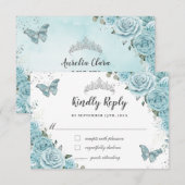 おしゃれなターコイズブルーの花柄のキンチアニエラ蝶 出欠カード (正面/裏面)