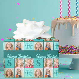 おしゃれなターコイズブルーの誕生日パーティーのフォトコラージュ ラッピングペーパー