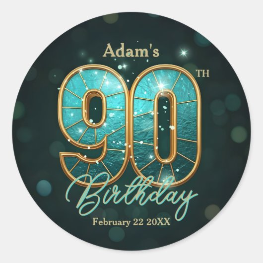 おしゃれなターコイズ&ゴールドの90歳誕生日お祝い ラウンドシール (正面)