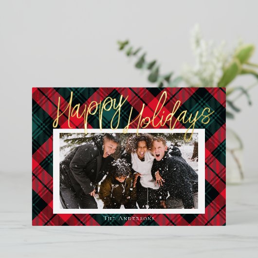 おしゃれなタータンチェック柄フォトフォイルホリデーカー 箔シーズンカード (立ち正面)