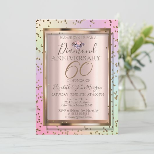 おしゃれなダイヤモンドのホログラフィック結婚記念日招待状 招待状 (スタンド正面)