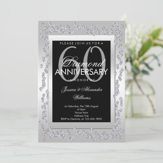 おしゃれなダイヤモンドシルバー６０周年結婚記念日 招待状 (スタンド正面)