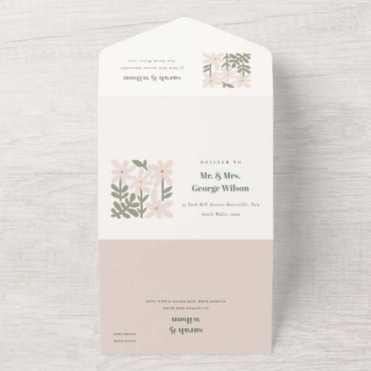 おしゃれなダスキーブルッシュレトロミニマルフラワーウェディング オールインワン招待状 (外側)