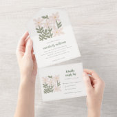 おしゃれなダスキーブルッシュレトロミニマルフラワーウェディング オールインワン招待状 (貼ってはがせる)