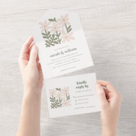 おしゃれなダスキーブルッシュレトロミニマルフラワーウェディング オールインワン招待状