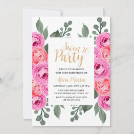 おしゃれなダスティピンクのバラとグリーンゴールドのスイート16パーティー 招待状