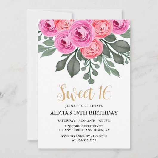 おしゃれなダスティピンクのローズグリーン スウィート16の誕生日 招待状 (正面)