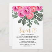 おしゃれなダスティピンクのローズグリーン スウィート16の誕生日 招待状 (正面/裏面)