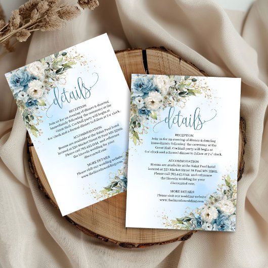 おしゃれなダスティブルーゴールドの結婚式詳細カード 出欠カード