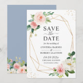 おしゃれなダスティーブルーとソフトピンクの花柄ゴールド幾何学模様 セーブザデート (正面/裏面)