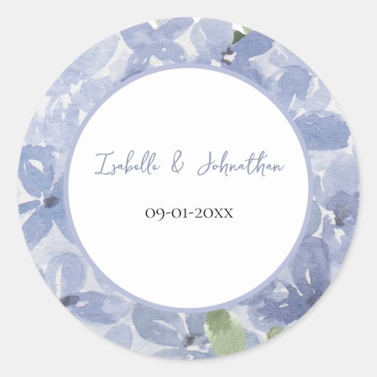 おしゃれなダスティーブルーのハイドランジアの花のリース　ウェディング ラウンドシール (正面)