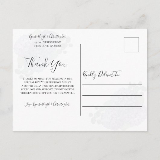 おしゃれなダスティーブルーの花柄幾何学模様のウェディング感謝カード ポストカード (裏面)