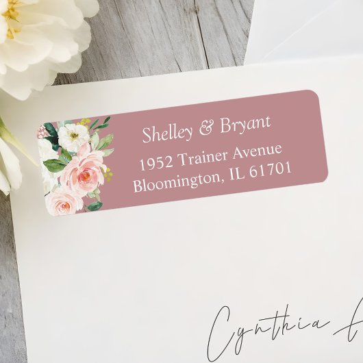 おしゃれなダスティーローズ ブラッシュ ピンク 水彩 フラワー ラベル