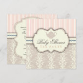 おしゃれなダマスク柄のヴィンテージ ベイビーシャワー ティー 招待状 (正面/裏面)