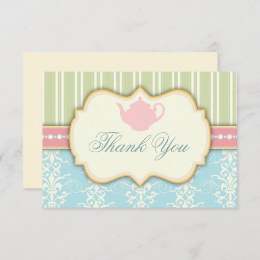 おしゃれなダマスク&ストライプの結婚前お茶会招待状 サンキューカード (正面/裏面)