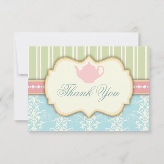 おしゃれなダマスク＆ストライプの結婚前お茶会 招待状 (正面)