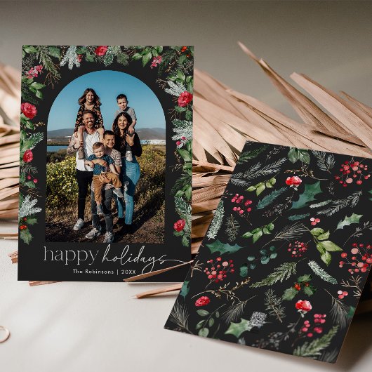 おしゃれなダークグレイのボタニカル フラワー アーチ1写真 シーズンカード