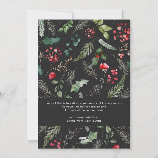 おしゃれなダークグレーのホリデー ボタニカル アーチ フォト シーズンカード (裏面)