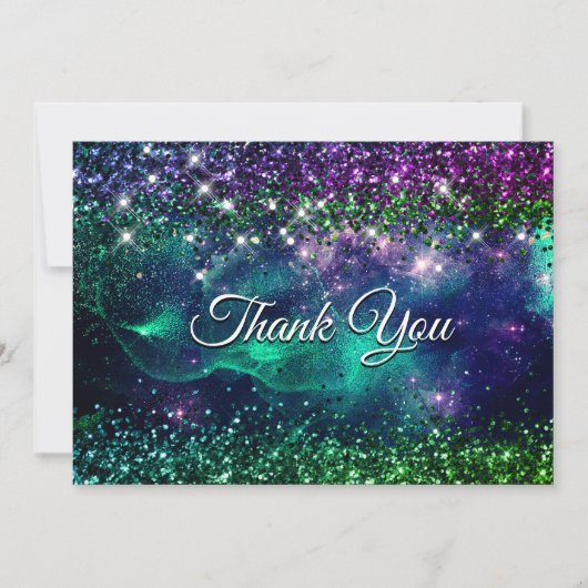 おしゃれなダークパープルグリーン偽グリッターのモノグラム サンキューカード (正面)