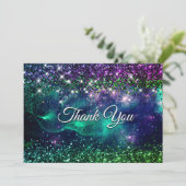 おしゃれなダークパープルグリーン偽グリッターのモノグラム サンキューカード (スタンド正面)