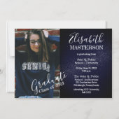 おしゃれなダークブルーの写真付き卒業発表 マグネット招待状 (正面)