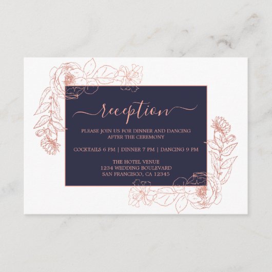 おしゃれなダークブルーローズゴールドの花の結婚式の披露宴 エンクロージャーカード (正面)