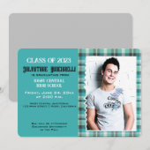 おしゃれなチェック柄の先輩卒業お知らせカード {ブルー} 案内状 (正面/裏面)