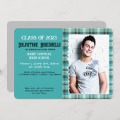 おしゃれなチェック柄 上級生 卒業おめでとう {青} 案内状 (正面/裏面)