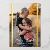 おしゃれなチェック柄 2 枚の写真 縦 箔シーズンカード (正面)