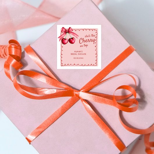 おしゃれなチェリーテーマのウェディングシャワー スクエアシール