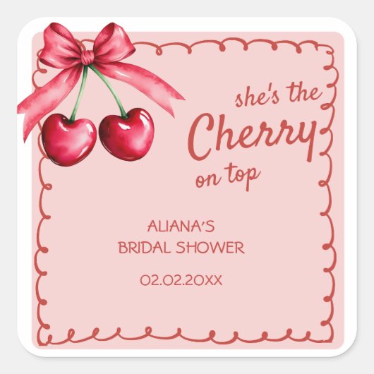 おしゃれなチェリーテーマのウェディングシャワー　赤とピンクのチェリー スクエアシール (正面)